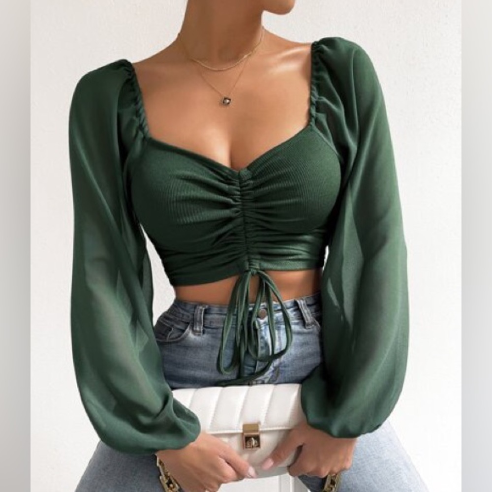 SHEIN neck drawstring lantern sleeve crop top. New never used. Size L